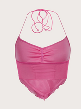 Ruched Tie Backless Hanky Hem Mesh Halter Top